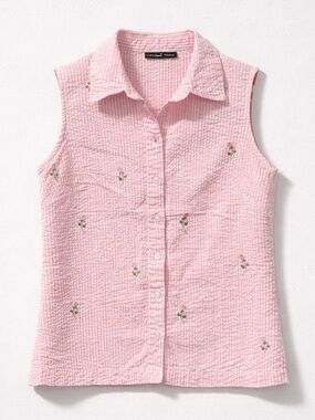 North Crest Sleeveless Embroidered Floral Seersucker Collared Button Up Top